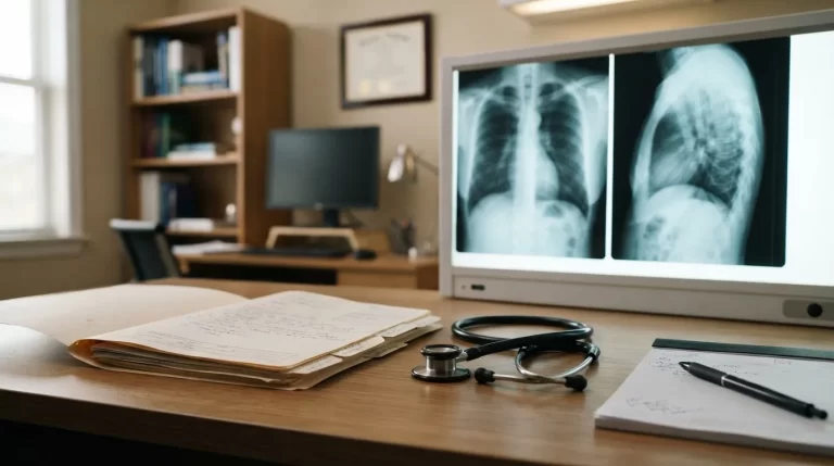 Escritorio medico con una carpeta de historia clinica un estetoscopio y radiografias