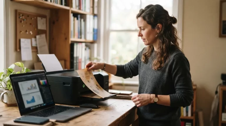 Persona tomando una hoja recien impresa junto a una impresora y una laptop