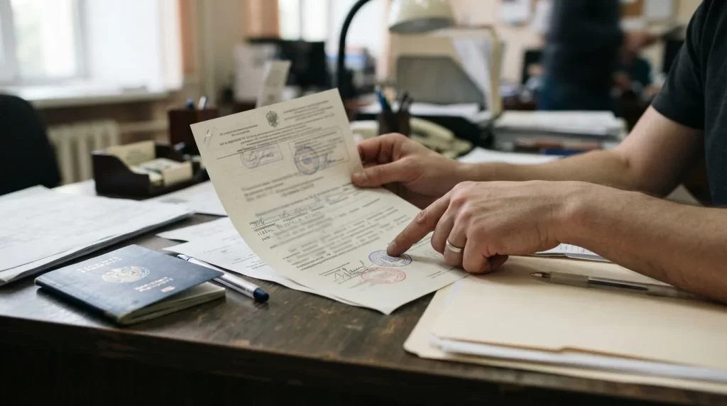 Persona revisando un documento oficial con sellos junto a un pasaporte en una oficina