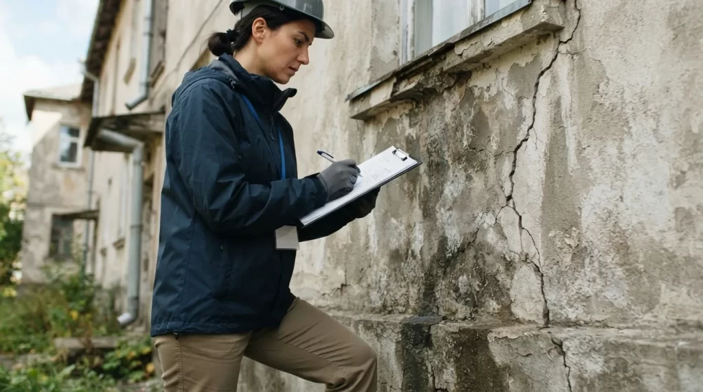 Inspector con tablilla documentando una filtracion y grietas en la pared de un inmueble