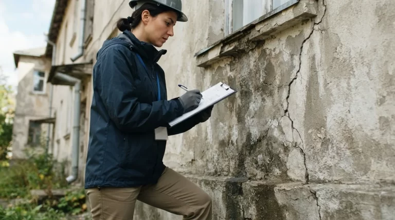 Inspector con tablilla documentando una filtracion y grietas en la pared de un inmueble