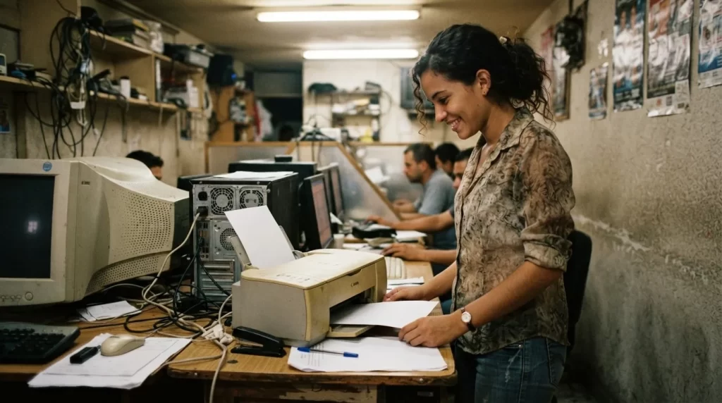 Mujer joven imprimiendo un documento en un cyber: constancia de solvencia del INTT