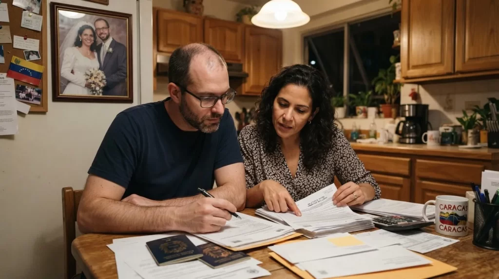 Pareja revisando pasaportes y documentos oficiales en la mesa de su cocina: naturalizacion y carta de naturaleza en Venezuela
