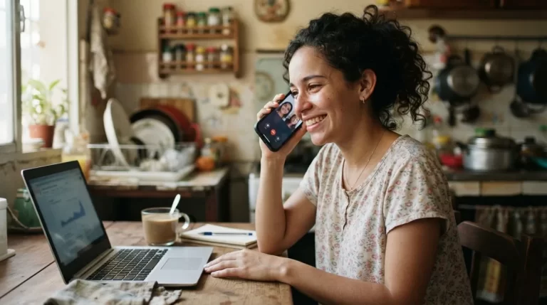 Joven venezolana gestionando un tramite en linea con su telefono: cita del SAIME