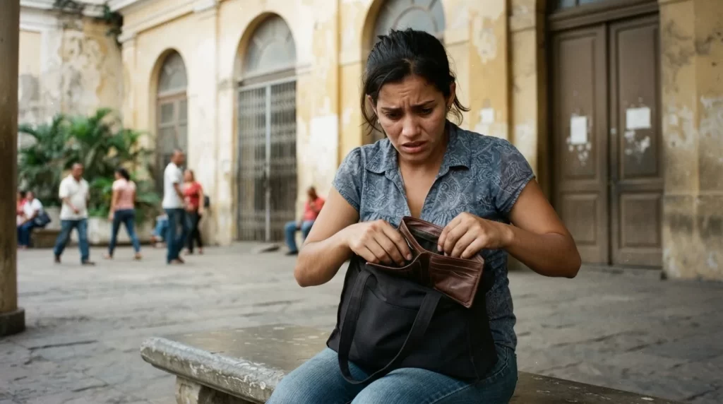 Mujer joven revisando su bolso preocupada afuera de un edificio publico: denuncia por extravio de documentos