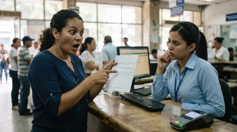Mujer venezolana muestra una factura de electricidad con sorpresa a una empleada en un mostrador de atencion: reclamo por facturacion a Corpoelec