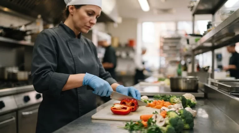 Cocinero con guantes manipulando vegetales frescos: certificado de manipulacion de alimentos
