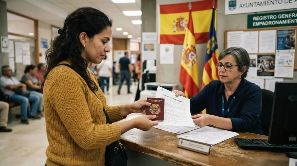 Mujer venezolana entregando su pasaporte y contrato de alquiler a una funcionaria en el mostrador de Registro de Empadronamiento de un ayuntamiento espanol con la bandera de Espana al fondo