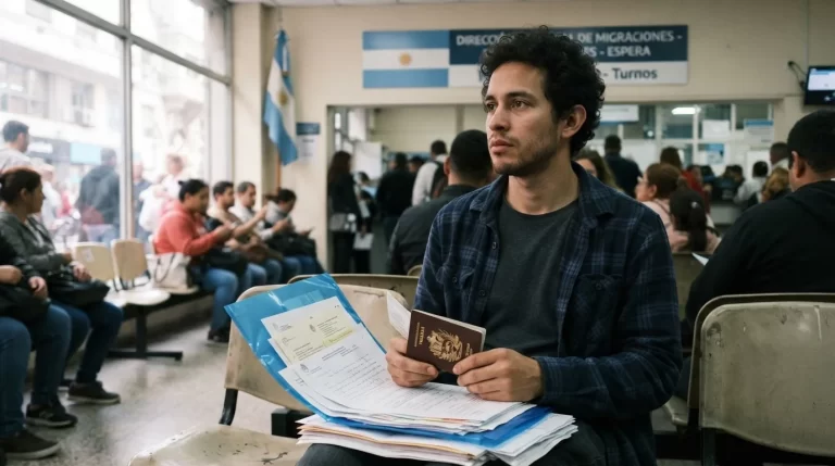 Hombre venezolano con su pasaporte y carpeta de documentos en la sala de espera de Migraciones Argentina: radicacion y DNI para venezolanos en Argentina