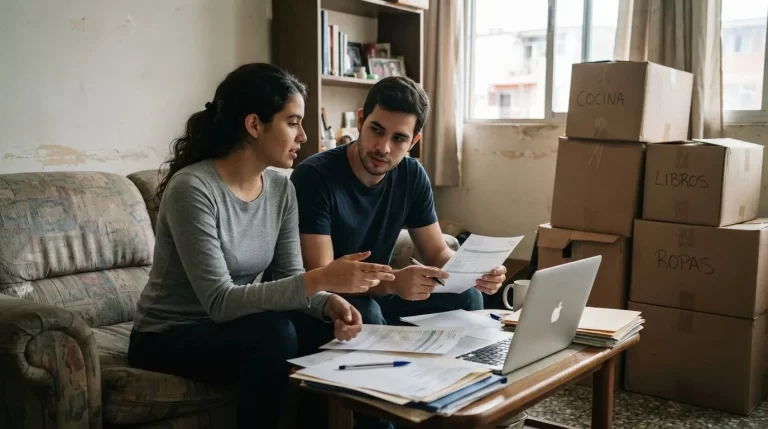 Pareja joven revisa documentos y una laptop en el sofa de un apartamento alquilado con cajas de mudanza: declaracion jurada de no poseer vivienda
