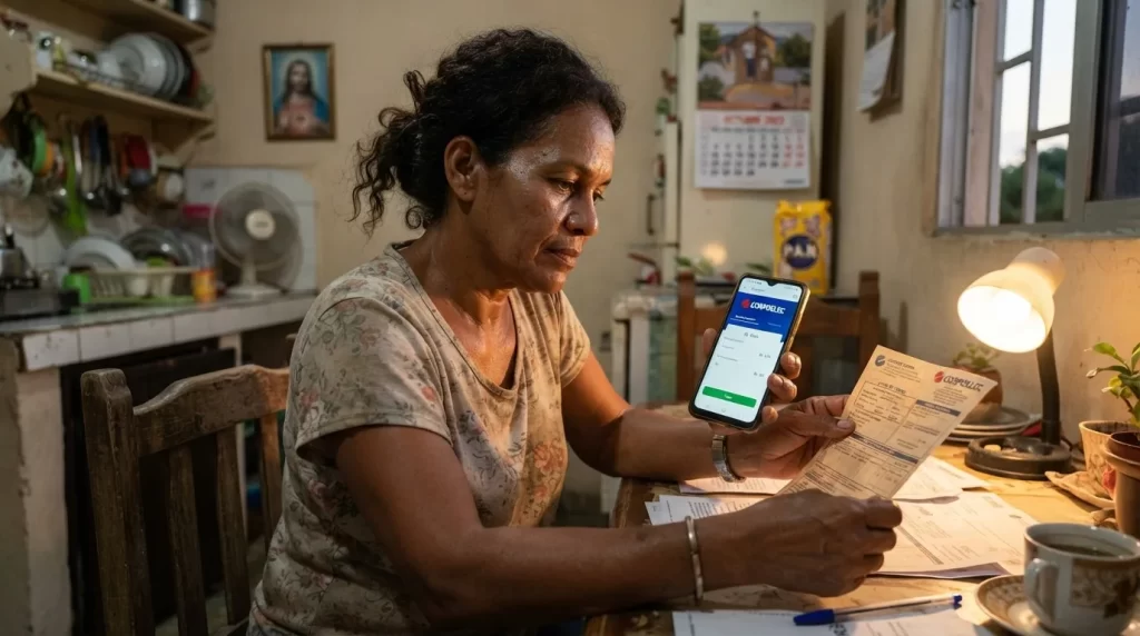 Mujer revisando su factura electrica y pagando desde el telefono en su casa: como consultar y pagar tu deuda de Corpoelec