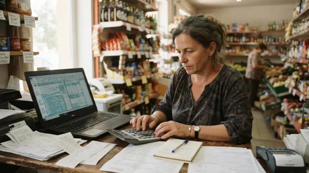 Duena de un pequeno abasto usando calculadora y laptop con factura fiscal en el mostrador de su tienda: declaracion de IVA ante el SENIAT