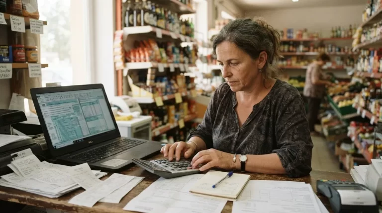 Duena de un pequeno abasto usando calculadora y laptop con factura fiscal en el mostrador de su tienda: declaracion de IVA ante el SENIAT