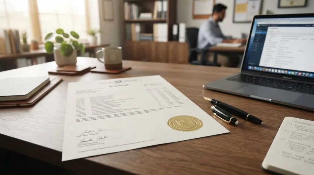 Record de notas certificadas universitarias con sello sobre un escritorio