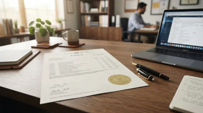 Record de notas certificadas universitarias con sello sobre un escritorio