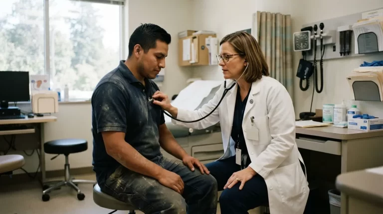 Medico ocupacional evaluando la salud de un trabajador en el consultorio