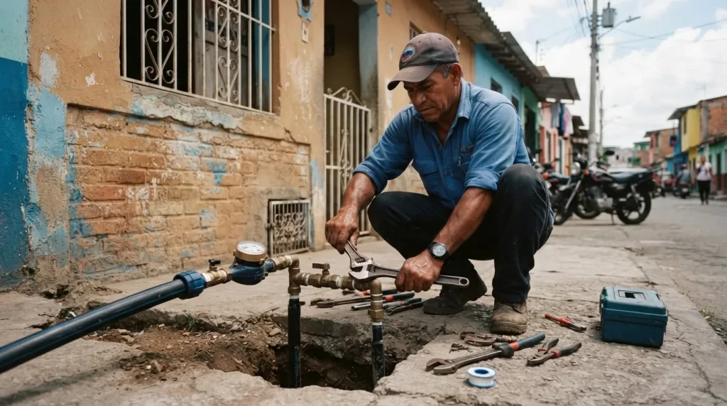Tecnico instalando la nueva conexion del servicio de agua potable en una vivienda