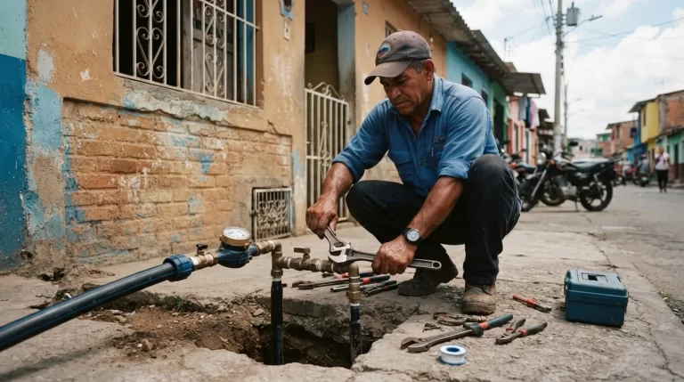 Tecnico instalando la nueva conexion del servicio de agua potable en una vivienda