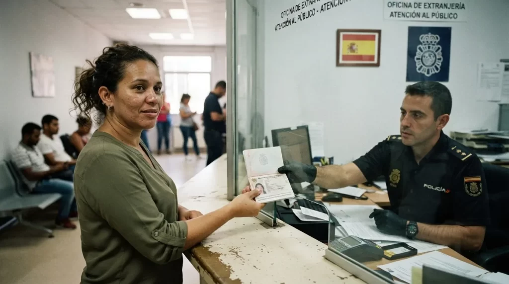 Mujer venezolana entregando su pasaporte a un policia en la Oficina de Extranjeria en Espana con la bandera espanola al fondo: NIE en Espana para venezolanos