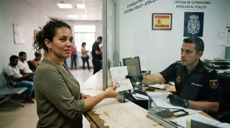 Mujer venezolana entregando su pasaporte a un policia en la Oficina de Extranjeria en Espana con la bandera espanola al fondo: NIE en Espana para venezolanos