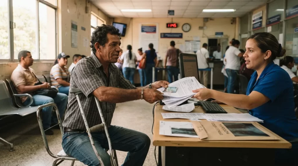 Hombre con muleta entregando informes medicos y cedula a una funcionaria en oficina del IVSS: pension por invalidez del IVSS en Venezuela