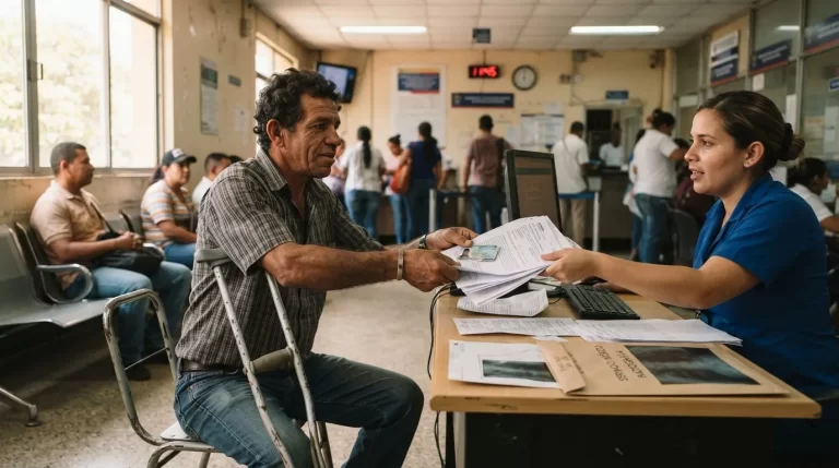 Hombre con muleta entregando informes medicos y cedula a una funcionaria en oficina del IVSS: pension por invalidez del IVSS en Venezuela