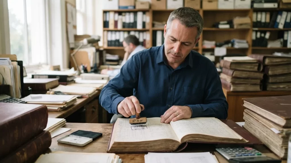 Contador sella con un timbre de goma las paginas de un libro contable grueso rodeado de mas libros: legalizacion y sellado de libros contables