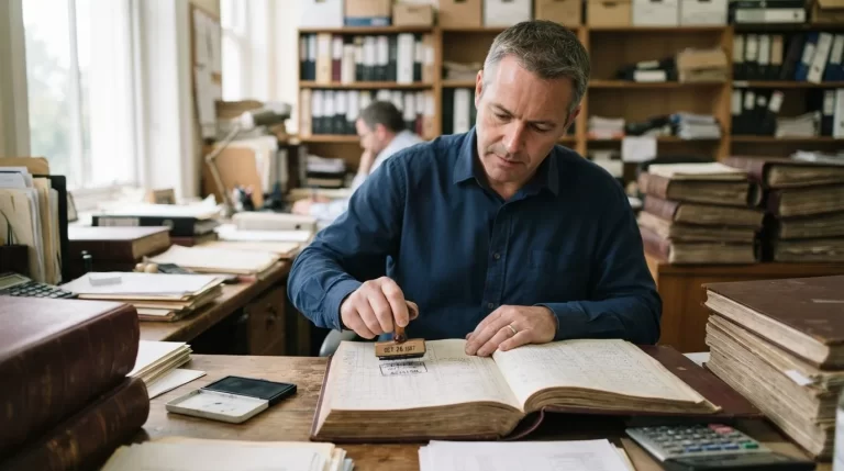 Contador sella con un timbre de goma las paginas de un libro contable grueso rodeado de mas libros: legalizacion y sellado de libros contables