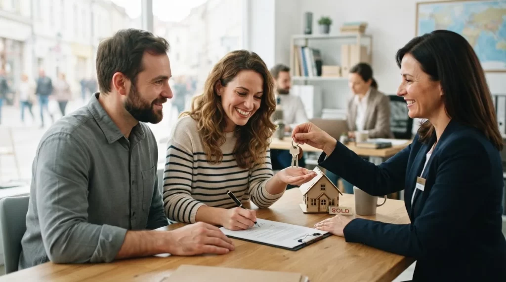 Agente inmobiliario entregando las llaves de una casa a una pareja que firma un documento