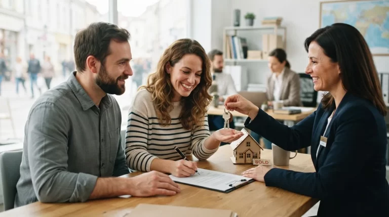 Agente inmobiliario entregando las llaves de una casa a una pareja que firma un documento