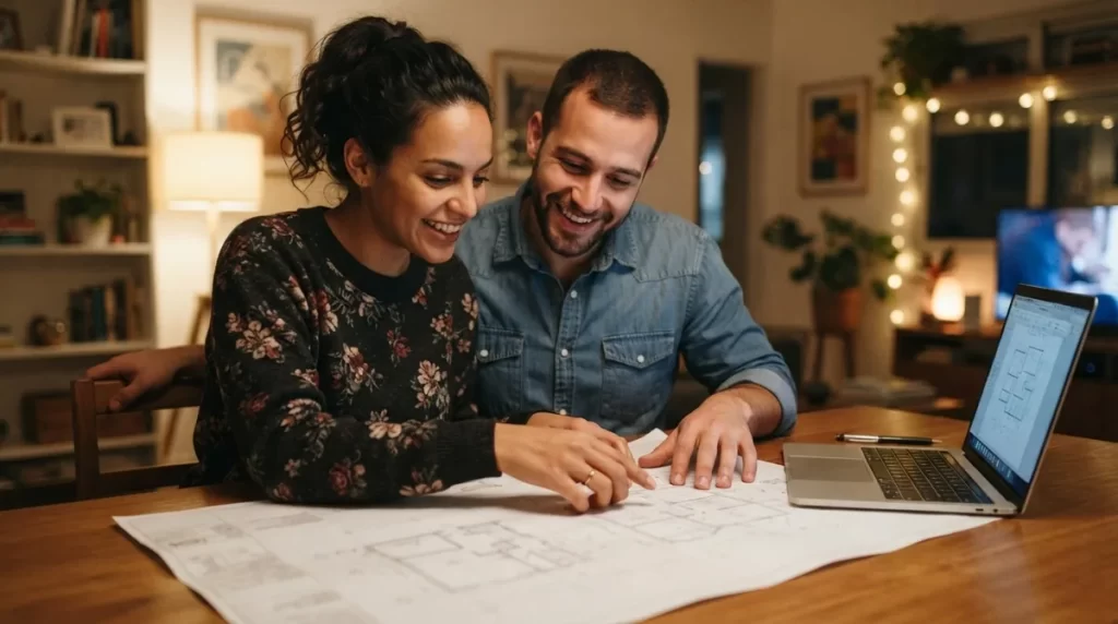 Pareja joven revisando planos de una vivienda: ahorro obligatorio FAOV BANAVIH