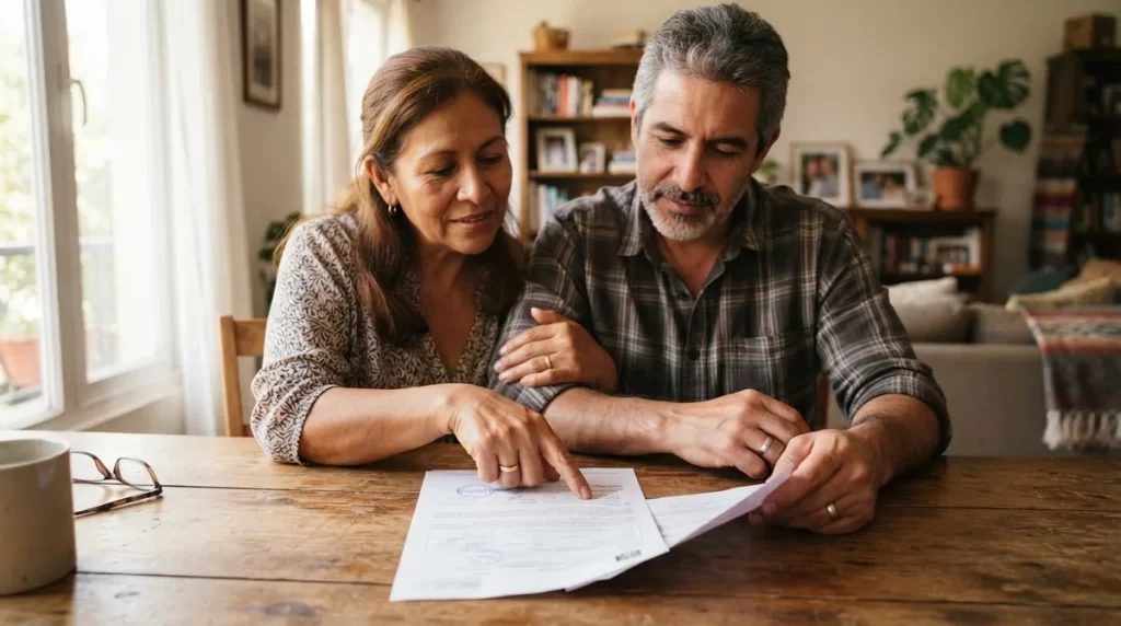 Pareja revisando junta un documento oficial: copia certificada del acta de matrimonio en Venezuela