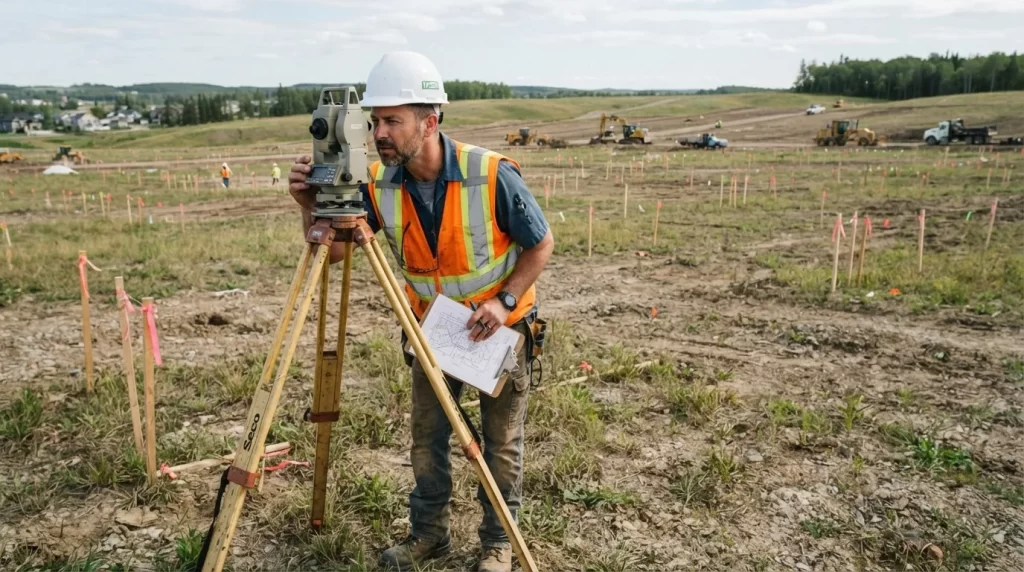 Topografo con teodolito revisando planos en un terreno parcelado con estacas