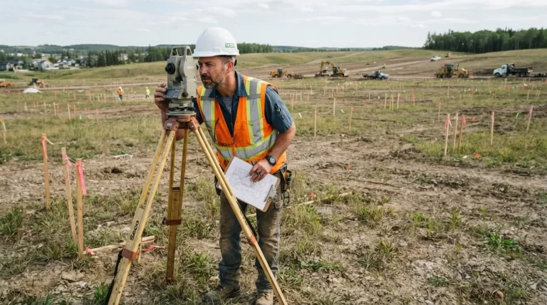 Topografo con teodolito revisando planos en un terreno parcelado con estacas
