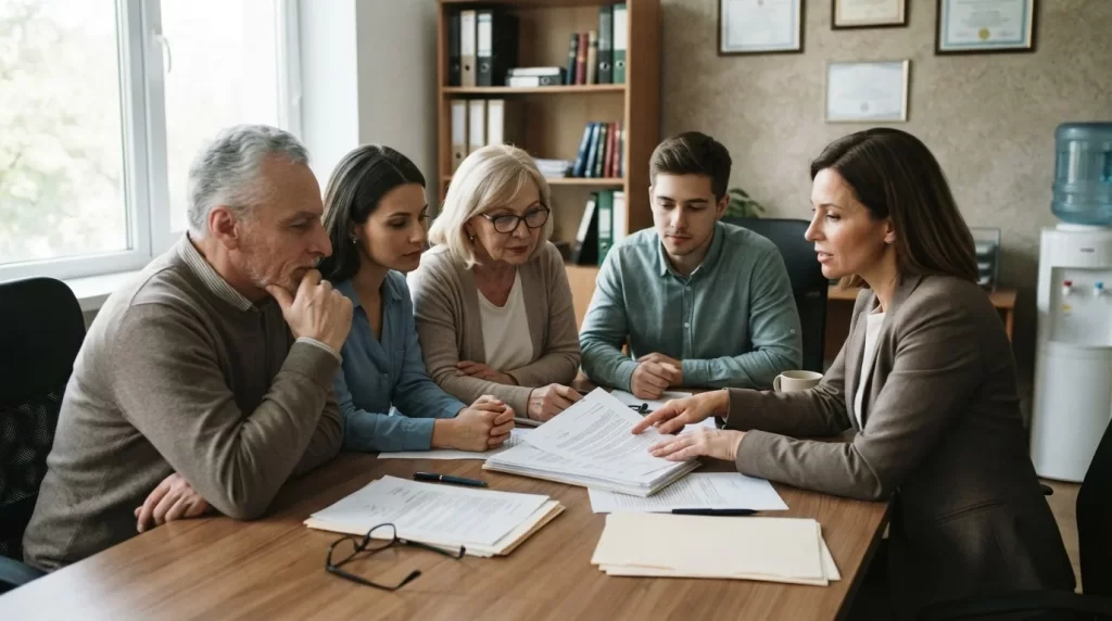 Familia reunida con un abogado revisando documentos legales en una oficina