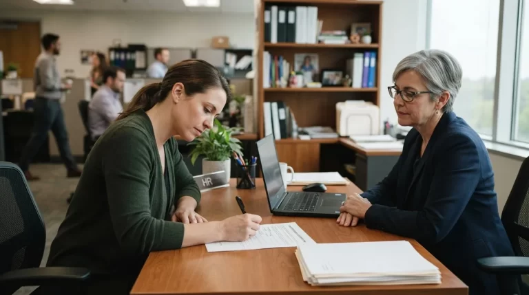 Trabajador firmando la formalizacion de su egreso en recursos humanos