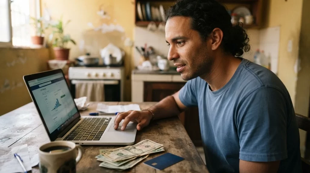 Hombre venezolano usando banca en linea en su laptop con billetes de dolares y una tarjeta de debito sobre la mesa de la cocina: apertura de cuenta en divisas