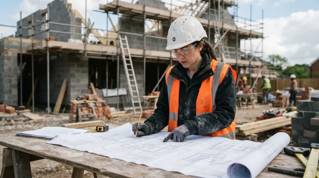 Ingeniero con casco revisando planos de construccion frente a una vivienda en obra