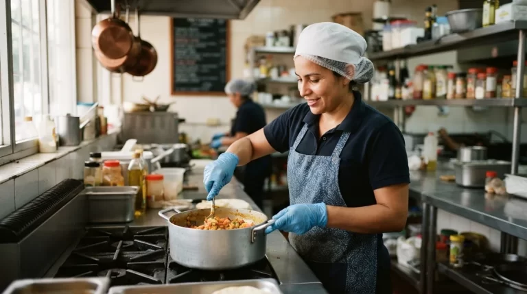 Cocinera con implementos de higiene en la cocina de un local de alimentos