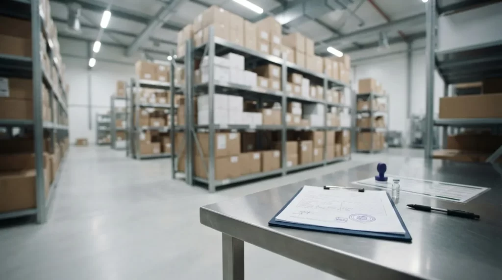 Deposito de alimentos con estanterias de acero y un portapapeles con sello de inspeccion