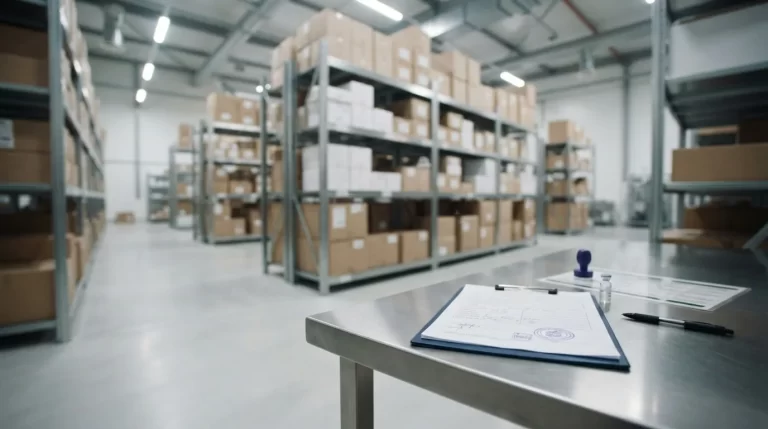 Deposito de alimentos con estanterias de acero y un portapapeles con sello de inspeccion