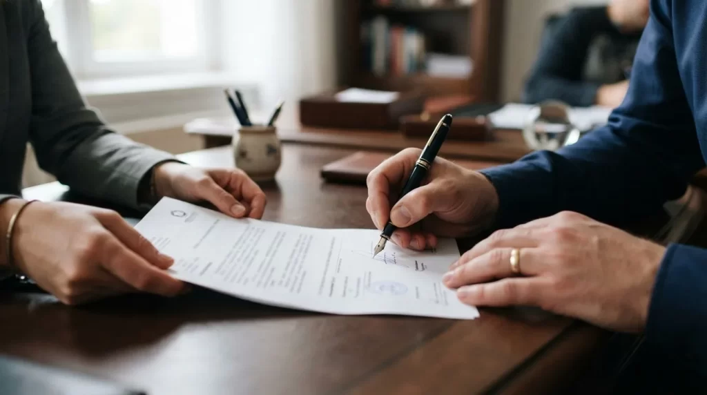 Manos de una persona firmando un documento oficial en un escritorio de oficina