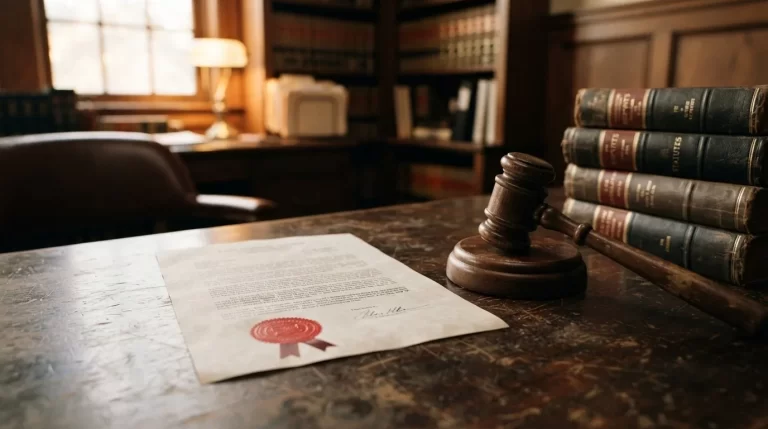 Documento legal con sello oficial junto a un mazo de juez y libros de leyes