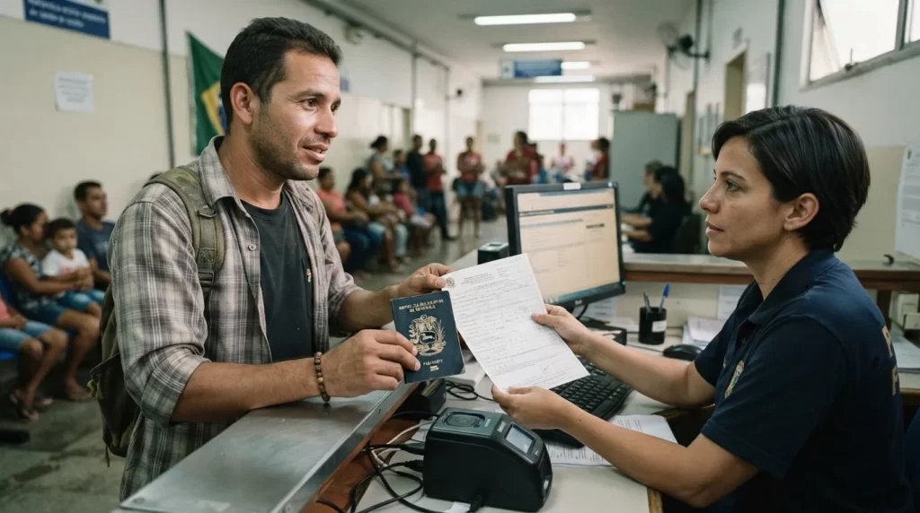Hombre venezolano presentando su pasaporte a una funcionaria de la Policia Federal de Brasil con la bandera de Brasil al fondo: residencia temporaria en Brasil para venezolanos