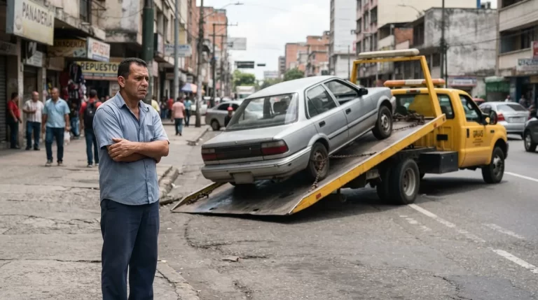 Hombre venezolano observa como remolcan su carro sedan con una grua de plataforma en una calle de ciudad: como recuperar un vehiculo retenido en Venezuela