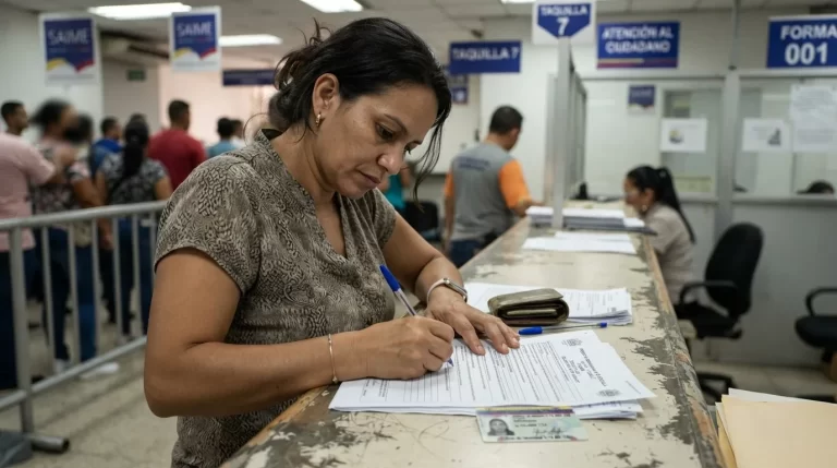 Trabajadora independiente llenando una planilla en un mostrador de oficina: afiliacion al IVSS como trabajador no dependiente