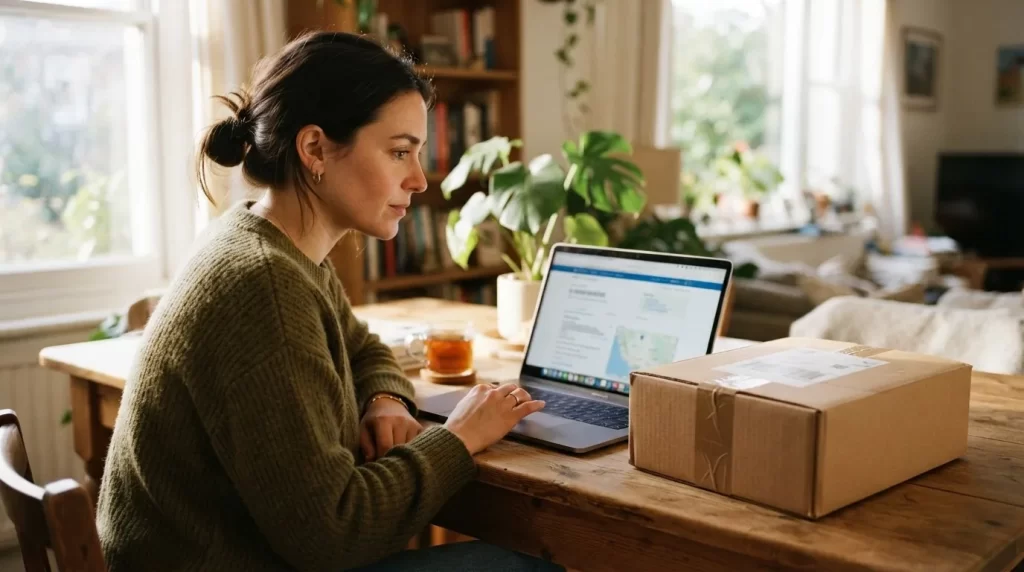 Persona rastreando un envio en una laptop con un paquete de carton al lado
