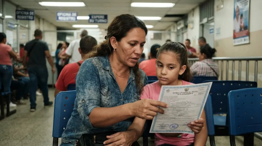 Madre revisando la partida de nacimiento junto a su hija en la sala de espera del SAIME: cedula de identidad para menores