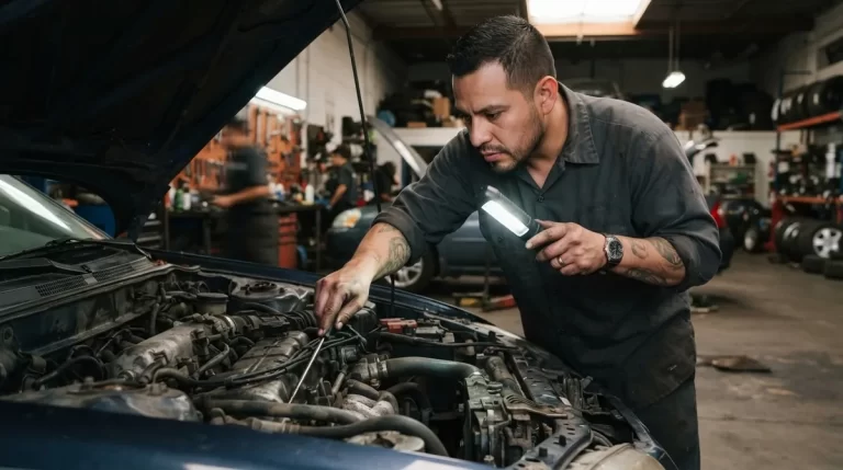 Mecanico inspeccionando el motor de un vehiculo: revision tecnico-mecanica del INTT