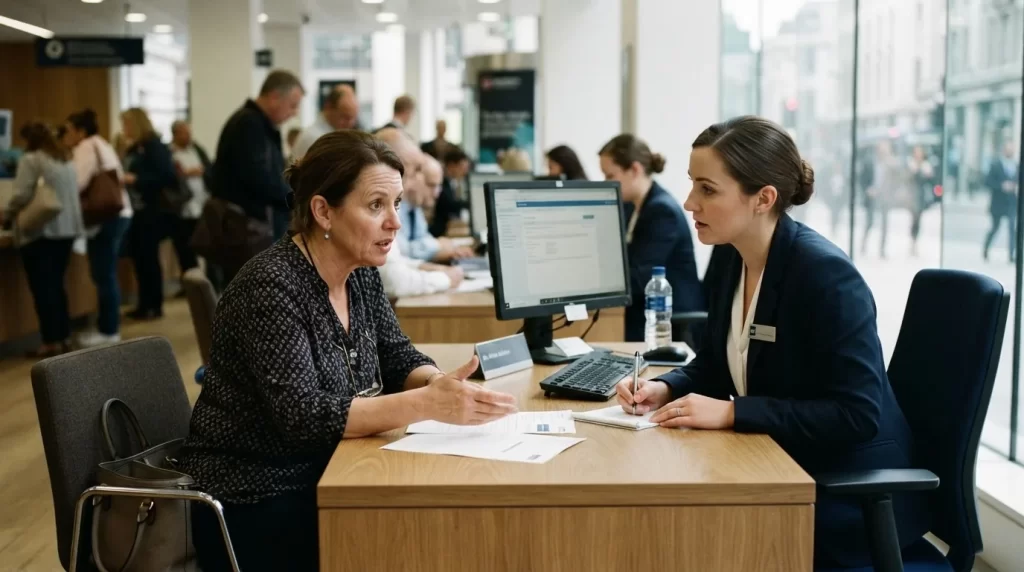 Persona planteando un reclamo a un asesor de atencion al cliente del banco